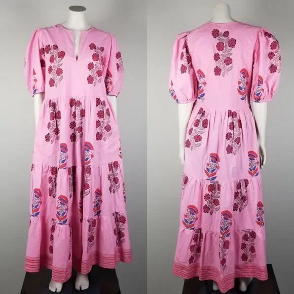 Oliphant Tuckernuck Boca Pink Puff Sleeve Midi Cotton Block Print Dress Size S - Picture 3 of 15